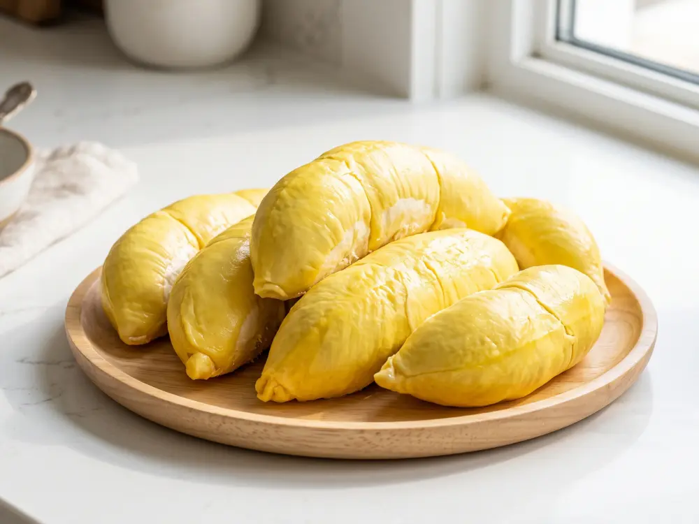 Fresh golden durian fruit served on a plate for health and nutrition analysis