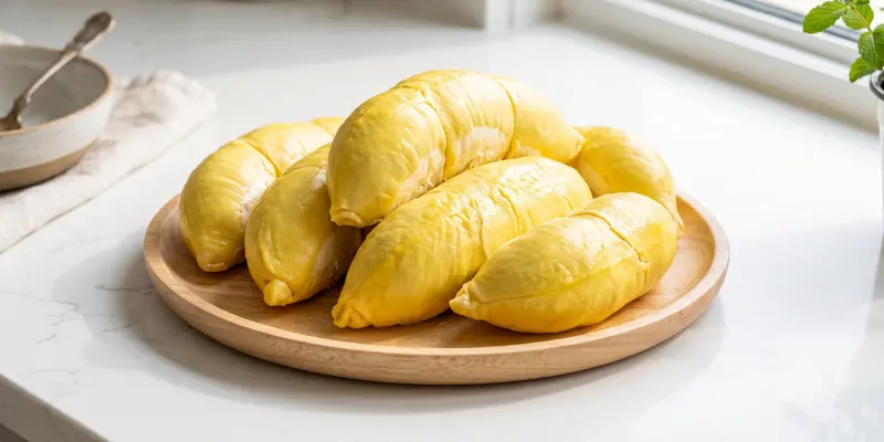 Fresh golden durian fruit served on a plate for health and nutrition analysis